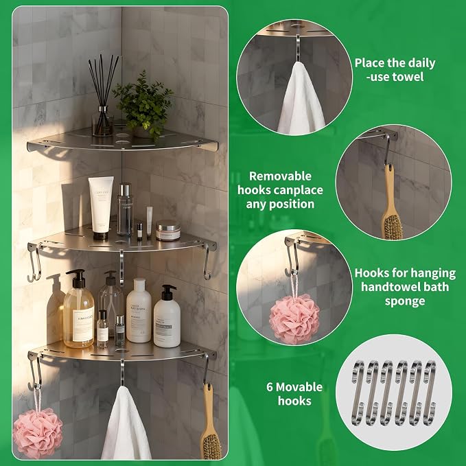 XIHLZYEH Corner Shower Shelves, 3 Pack 304 Stainless Steel Shower Shelf - Image 4