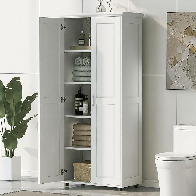 Tall Wide Storage Cabinet with 2 Doors and 4 Adjustable Shelves, Wood White by Virubi