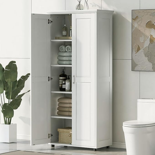 Tall Wide Storage Cabinet with 2 Doors and 4 Adjustable Shelves, Wood White by Virubi