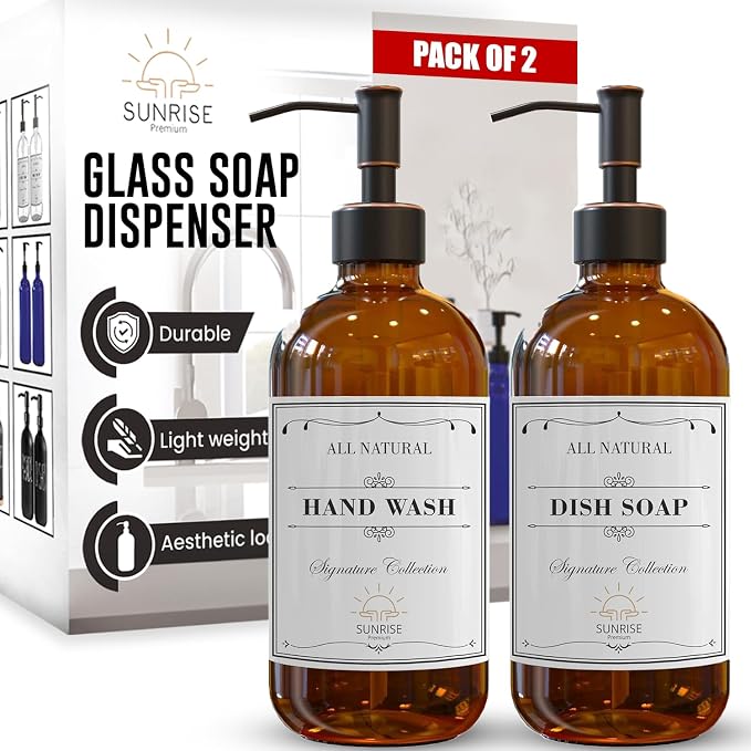 2 Pack Amber Glass Soap Dispenser 16 OZ by SunrisePremium