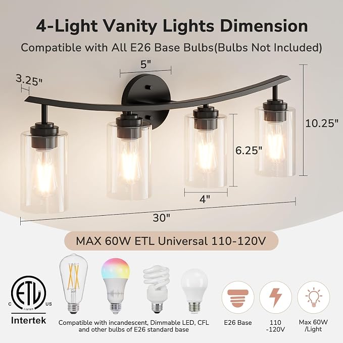 USHOWER 4-Light Bathroom Light Fixtures, Vanity Lights - Image 2