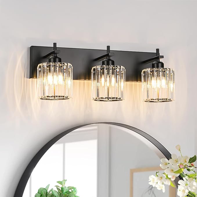Black Crystal Bathroom Vanity Lights, Modern 3-Lights Bathroom Lighting by HUOKU