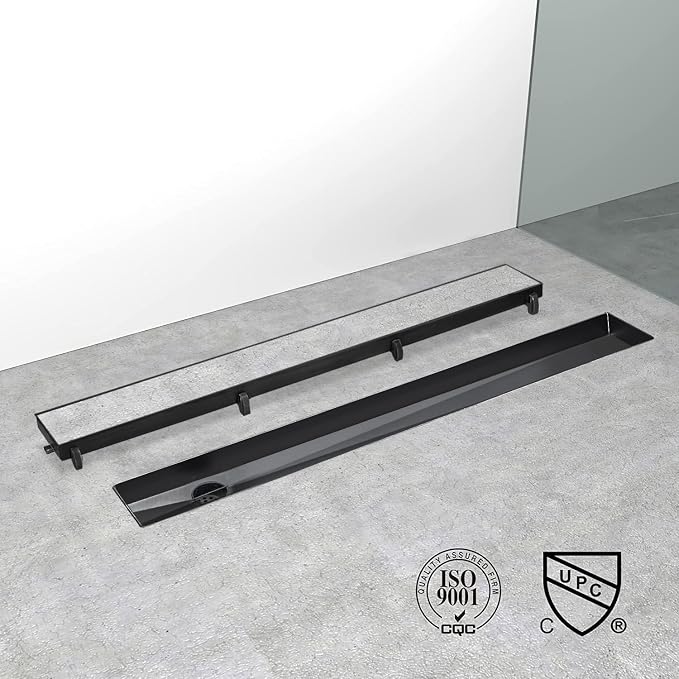 Offset Linear Shower Drain, Brushed 304 Stainless Steel Side Outlet Black - Image 4