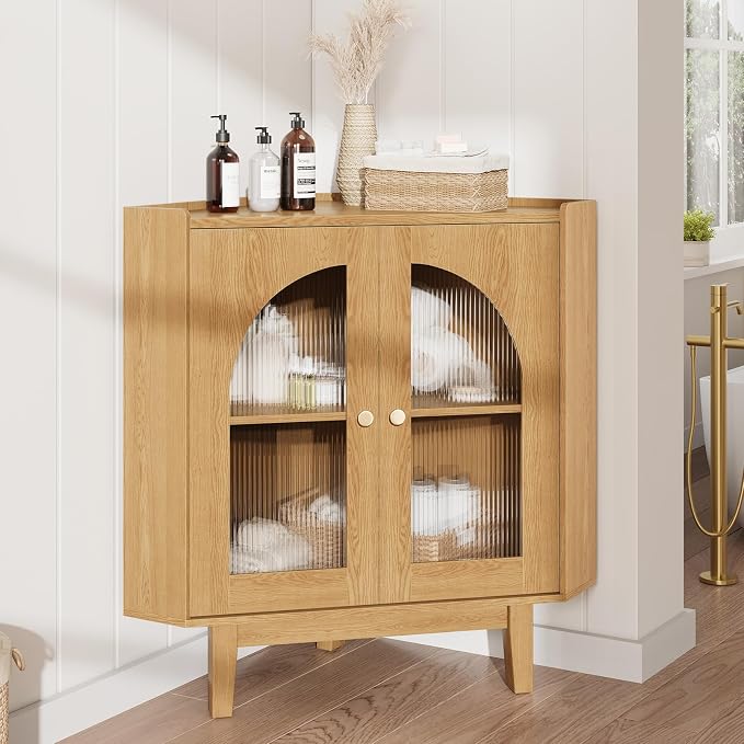 Floor Corner Cabinet with Doors and Shelves, Fluted Storage Cabinet by vividwood