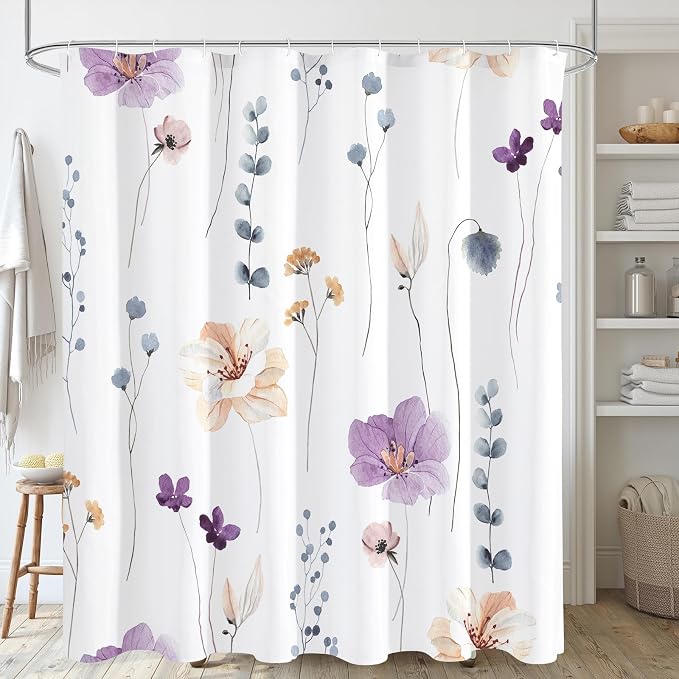 Gibelle Long Shower Curtain 72 x 78, Watercolor Floral Fabric Shower Curtain by Gibelle