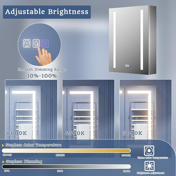 ExBrite Lighted Bathroom Medicine Cabinet, 20 x 26 Inch, Recessed or Surface - Image 3