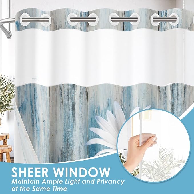 No Hook Blue Daisy Shower Curtain - Image 4