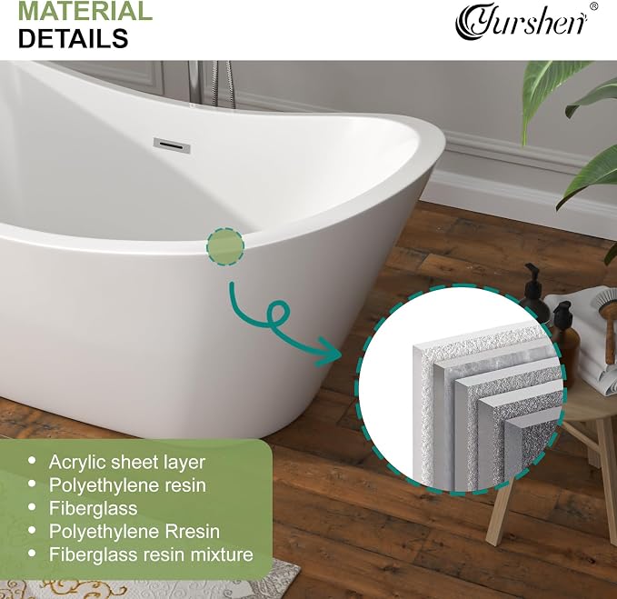 67" Freestanding Acrylic Bathtub – White Double Slipper Soaking Tub - Image 6
