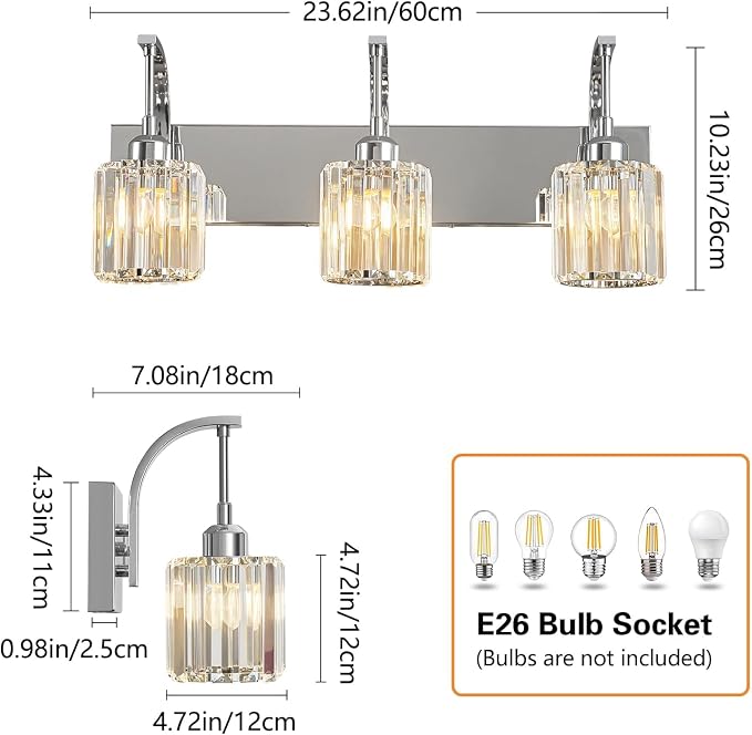 3-Light Crystal Vanity Light, Modern Chrome Bathroom Wall Sconce - Image 4