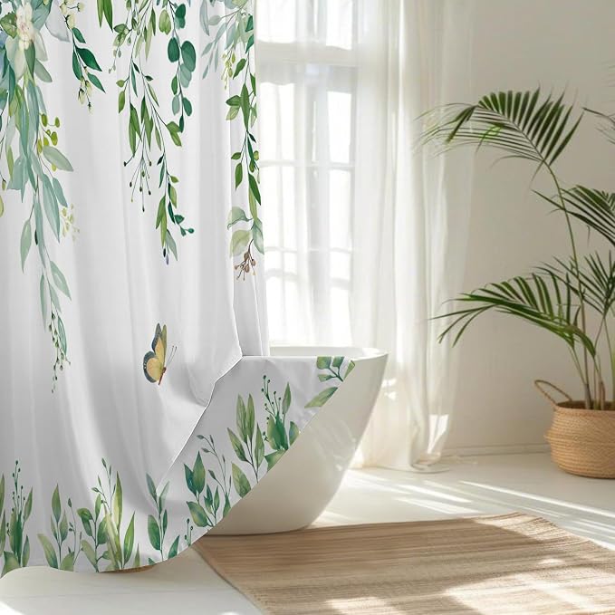 No Hook Shower Curtain and Liner Set, Light Green Eucalyptus Floral Shower - Image 2