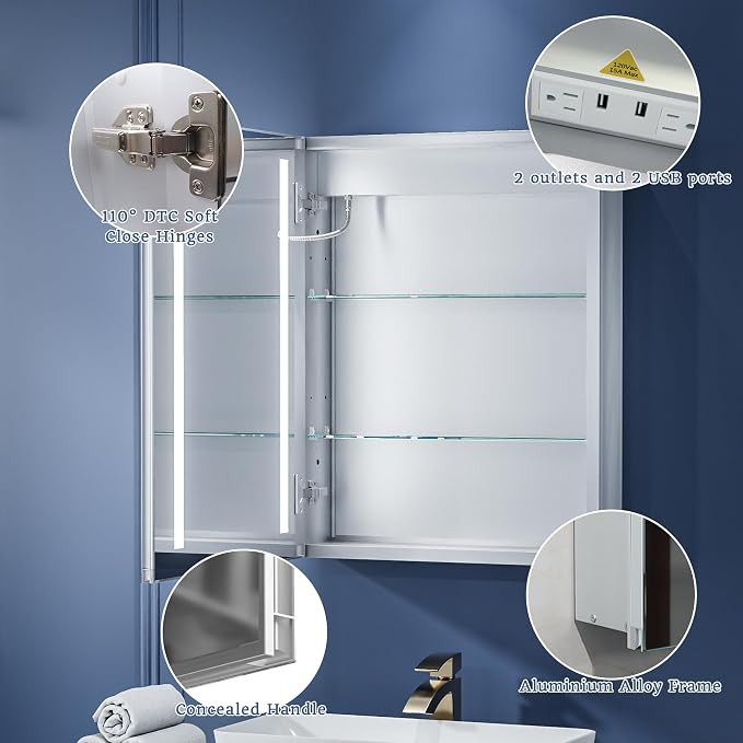 ExBrite Lighted Bathroom Medicine Cabinet, 20 x 26 Inch, Recessed or Surface - Image 4