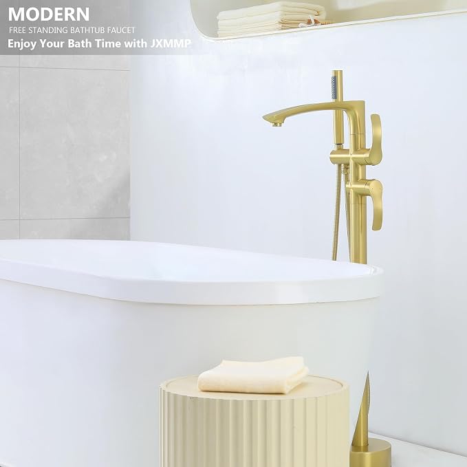 Free Standing Tub Faucet, Brushed Gold Floor Mount Bathtub Faucet - Image 6