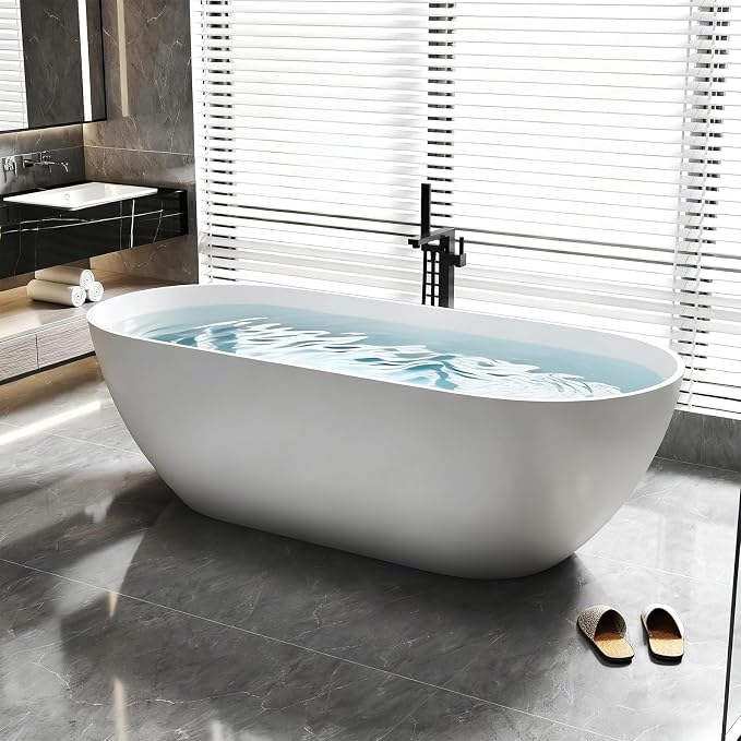 59 Inch Solid Surface Freestanding Bathtub, Oval Shaped Soaking Stone Resin - Image 7