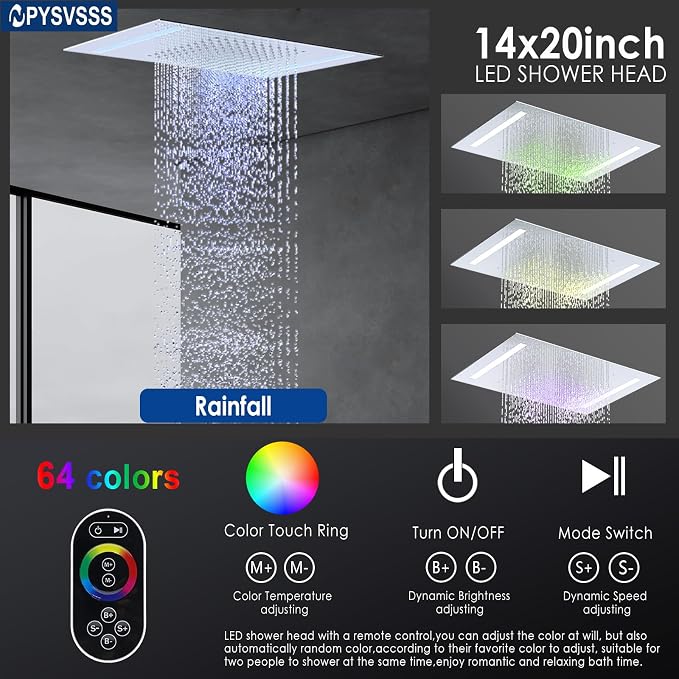 Rain Shower Head System with 14x20 Inch Ceiling Mount LED Head & 6 Inch Wall - Image 4