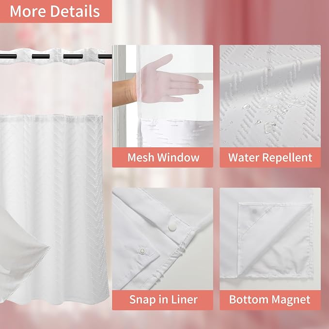 Hookless Shower Curtain with Snap in Liner 71" x 74" Double-Layer Waterproof - Image 3