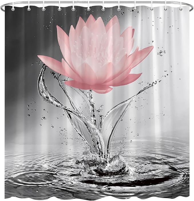 Lotus Shower Curtain Black White Grey Red Flower Elegant Blooming Floral - Image 2