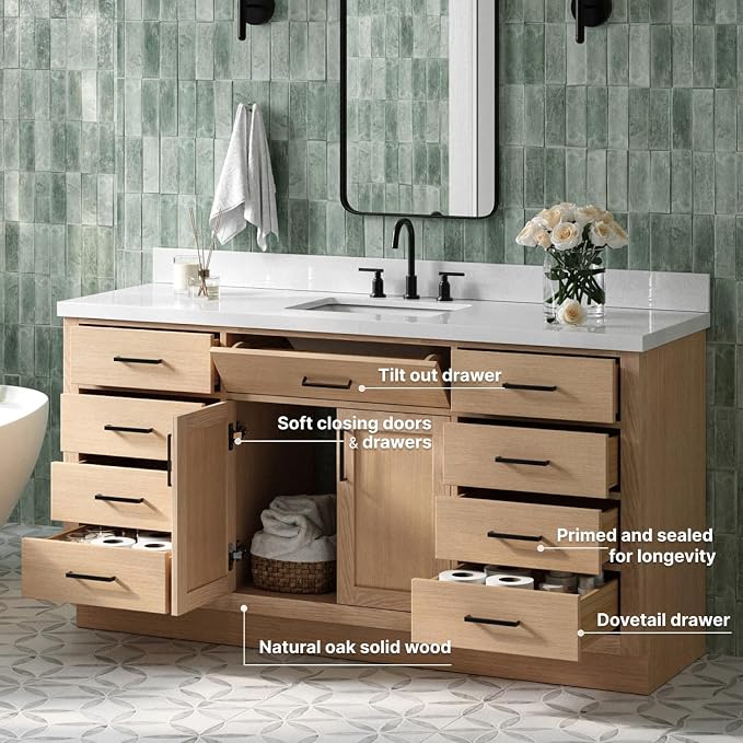 ARIEL Hepburn 67" Inch Oak Single Bathroom Vanity - Image 3
