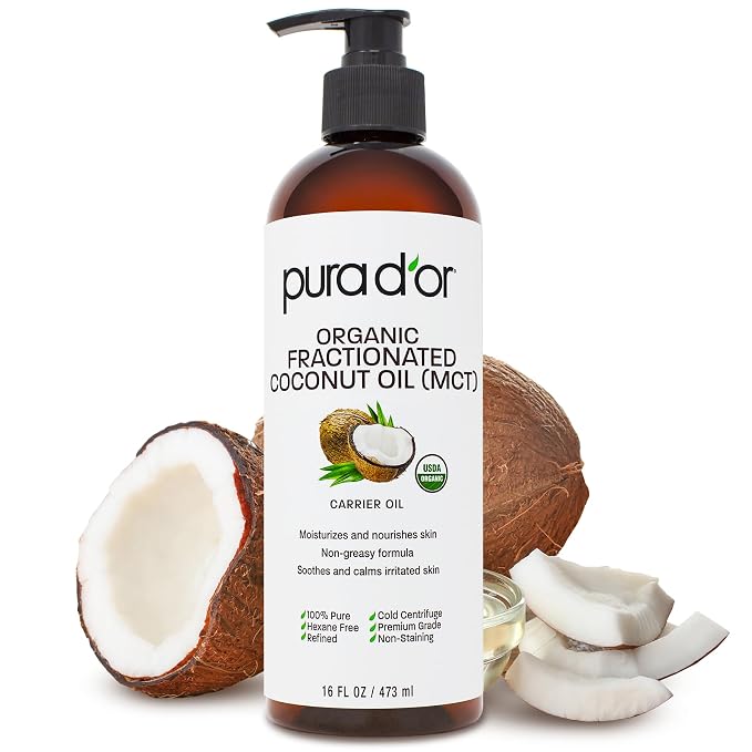 PURA D'OR 16 Oz ORGANIC Fractionated Coconut Oil – USDA Certified – MCT Oil – by PURADOR