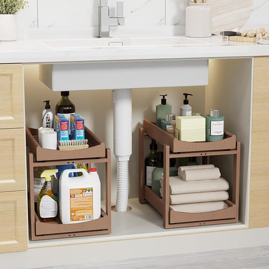 Bamboo Under Sink Organizer Adjustable Height 2 Tier Bathroom Organizer Pull by Unknown