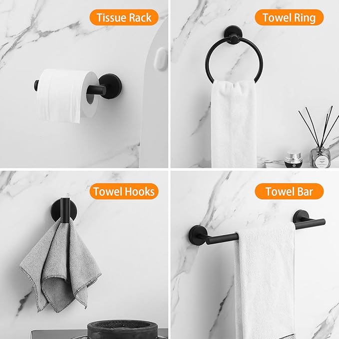 Bathroom Hardware Set Black 10 Pieces, Towel Bar Set Matte Black Stainless - Image 2