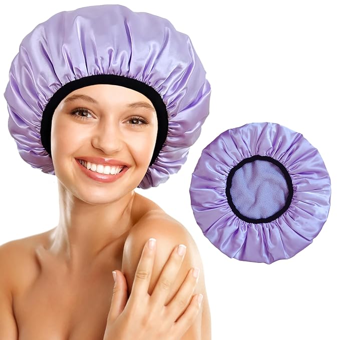 Shower Cap Reusable Waterproof, Terry Lined Shower Caps by choshion