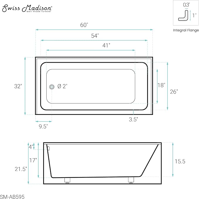 Voltaire 60" X 32" Left-Hand Drain Alcove Bathtub - Image 8