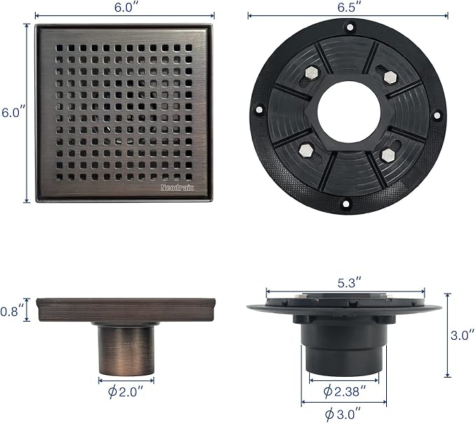 Neodrain 6 in Square Shower Drain, Oil Rubbed Bronze, Removable Quadrato - Image 4