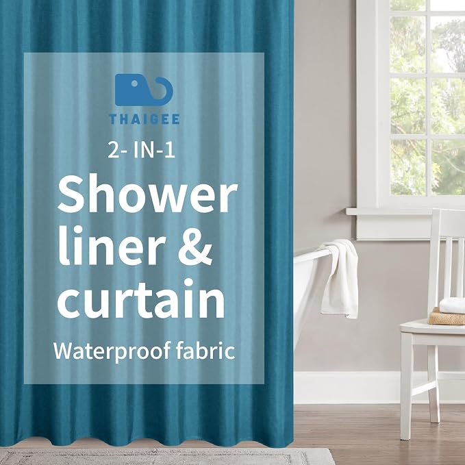 2-in-1 Waterproof Fabric Shower Curtain or Liner, Linen Textured, Breathable by THAIGEE