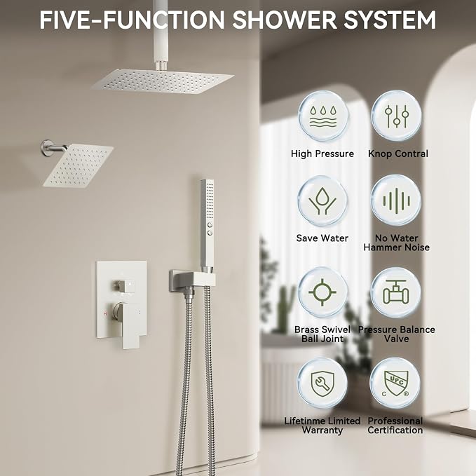 Shower Faucet Set Brushed Nickel Shower System, Bostingner Five Function - Image 2