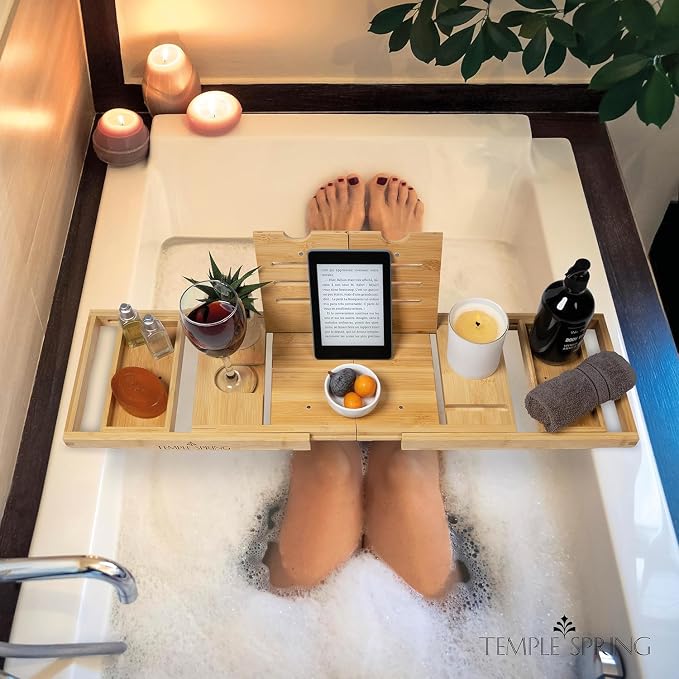 Temple Spring Foldable Bathtub Tray, Unique Design Selfcare Bathroom Caddy - Image 7
