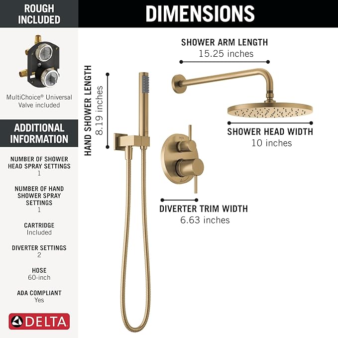 Delta Modern 14 Series Round Rain Shower System Faucet Set, Rainfall Brushed - Image 3