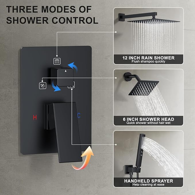 Rain Shower System Matte Black Shower Faucet Set, Dual Rainfall Shower Head Set - Image 6
