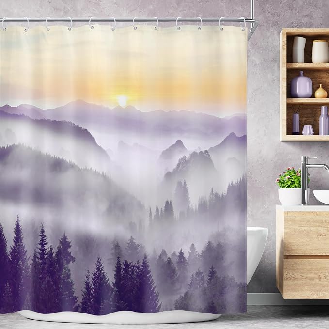 Riyidecor Misty Mountain Shower Curtain 60Wx72H Inch Purple Sunrise Nature by Riyidecor