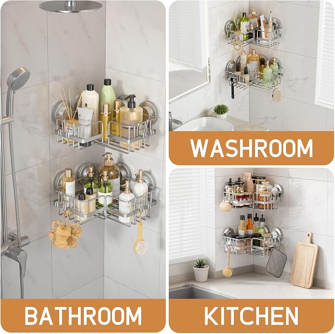 LEVERLOC Corner-adaptive Suction Cup Shower Caddies 2 Pack, Stainless Steel - Image 7