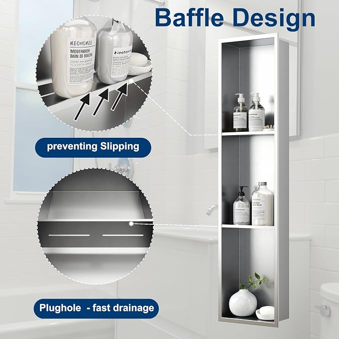 Neodrain 8X36 Inch Brushed Three Layers Stainless Steel Shower Niche, NO Tile - Image 4