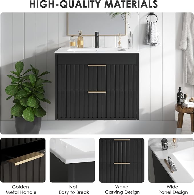 24" Bathroom Vanity with Sink, Floating Bathroom Vanity with 2 Fluted Drawers & - Image 6