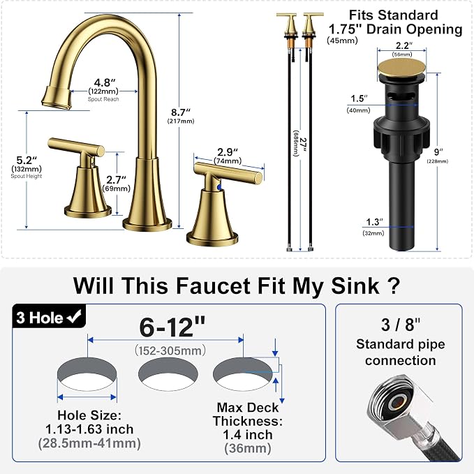 Bathroom Faucets for Sink 3 Hole, Hurran Brushed Gold Bathroom Sink Faucet - Image 6