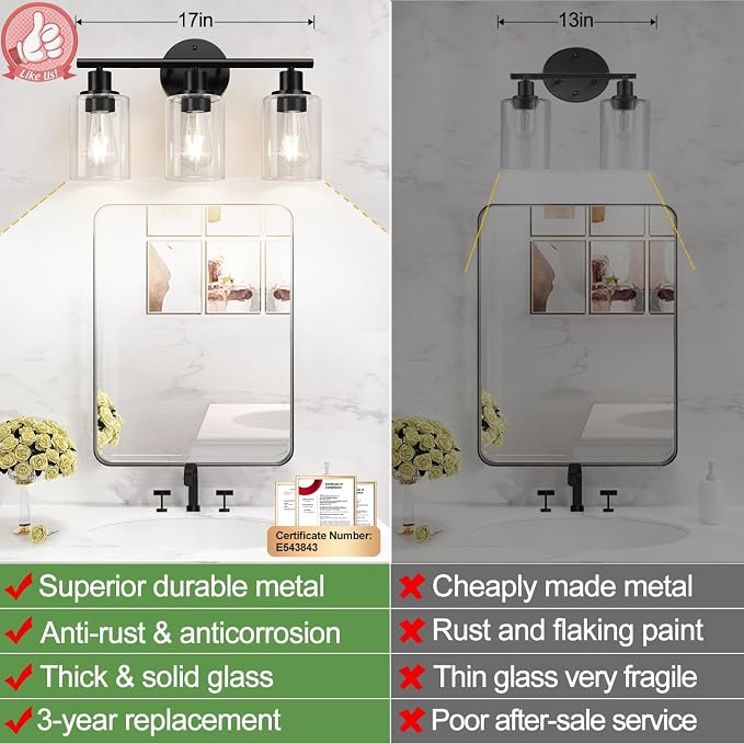 3-Light Bathroom Light Fixtures, 17.23" Black Modern Vanity Lights - Image 4