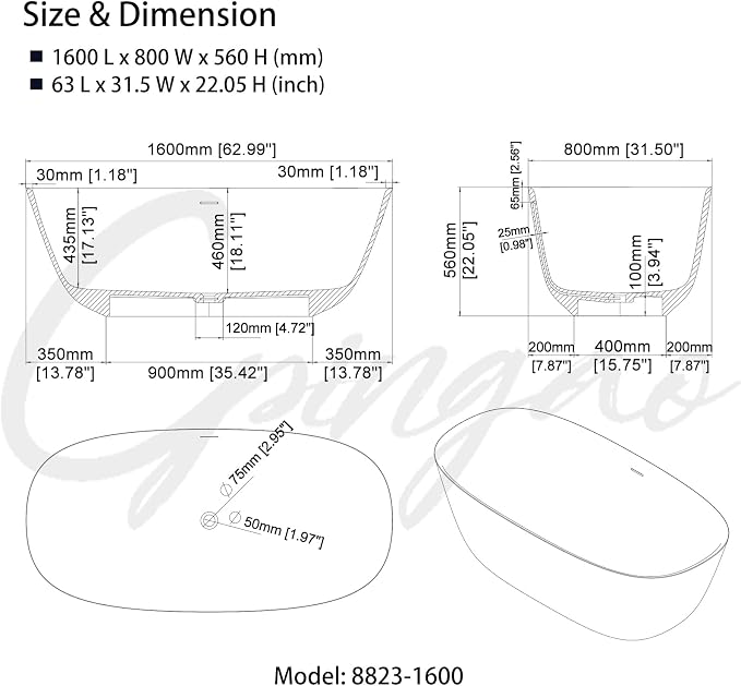 Cpingao Stone Resin Solid Surface Freestanding Bathtub, Modern Elegant Design - Image 5