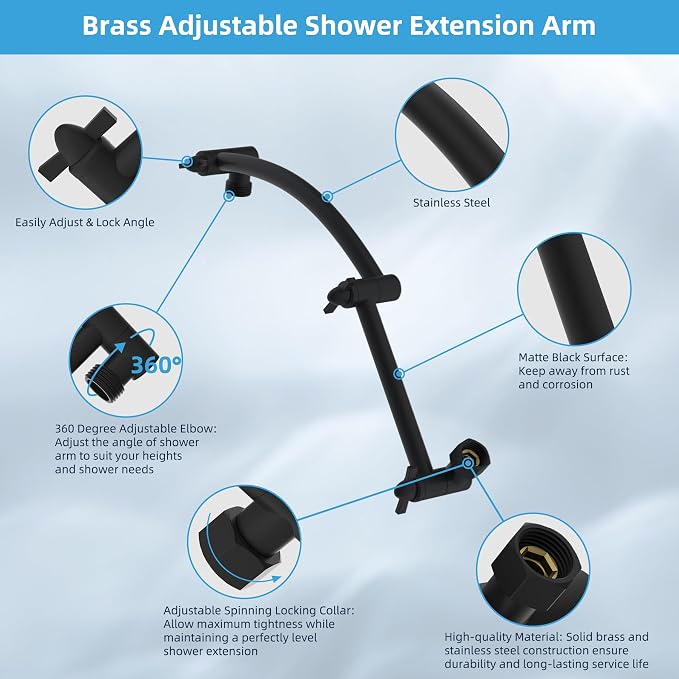 Hibbent All Metal Rain Shower Head, Solid Brass Adjustable Shower Arm Extender - Image 4