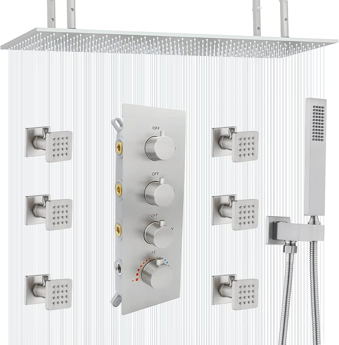 16X32 Inch Ceiling Mount Large Rainfall Shower System Thermostatic Multi Jet by Backnets
