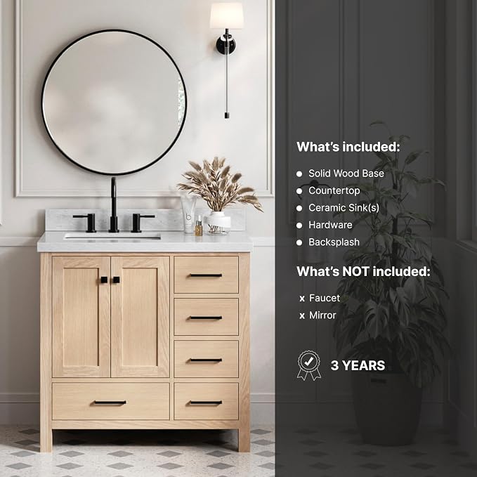 ARIEL Cambridge 37 Inch Oak Bathroom Vanity - Image 9