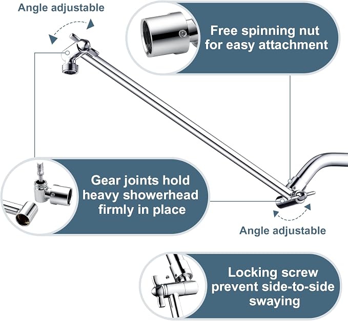 BRIGHT SHOWERS 15 Inch Extra Long Shower Head Extension Arm, Solid Brass Shower - Image 3