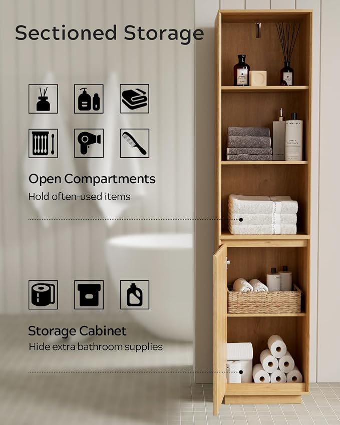 Tall Bathroom Storage Cabinet Set of 2, Mid Century Modern Freestanding Cabinets - Image 4