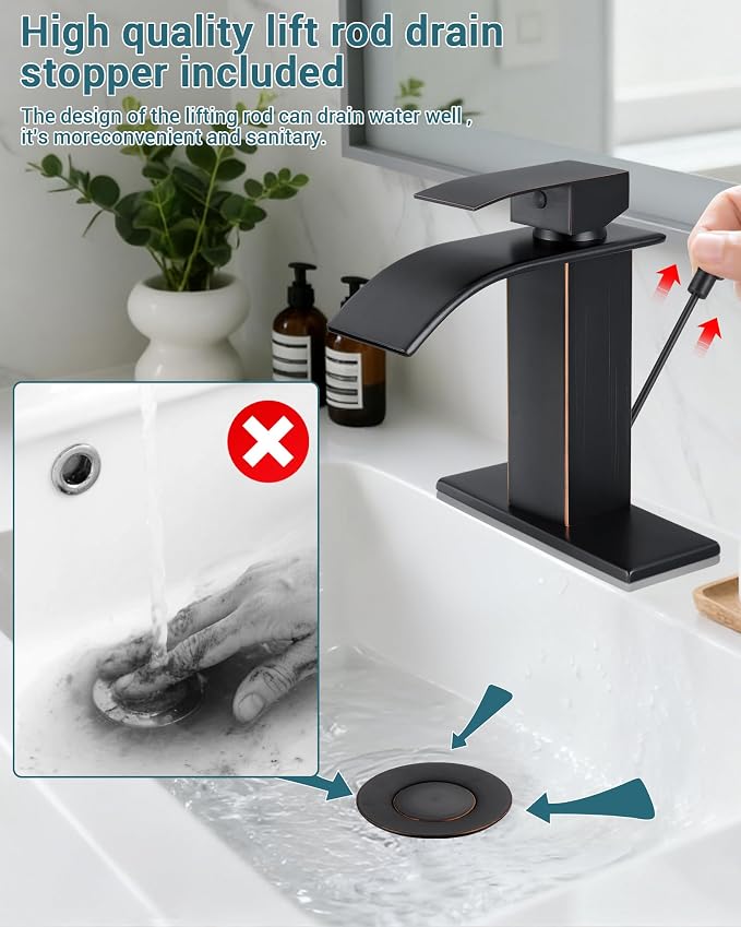 Bathroom Faucets with Lift Rod Drain Oil Rubbed Bronze Waterfall Bathroom Sink - Image 4