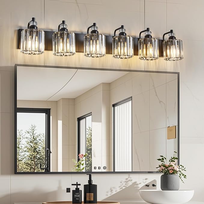 6-Light Black Bathroom Light Fixtures Over Mirror Modern Vanity Lights Crystal - Image 2