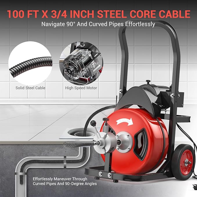 100Ft 3/4 Inch Cable Drain Cleaning Machine, 450W Auto Feed Portable Electric - Image 4