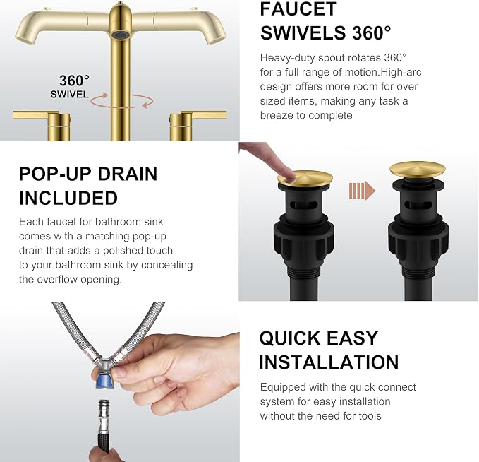 KENES Brushed Gold Pull Down Bathroom Faucet, 8 Inch 2 Handle Widespread - Image 7