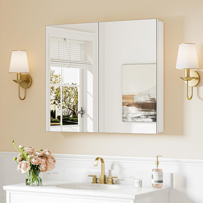 Keonjinn 30 x 26 Inch White Medicine Cabinet Mirror, Assembly Needed, in Wall by Keonjinn