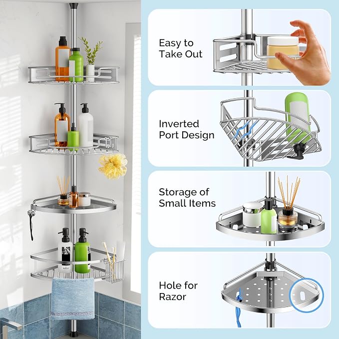 HAMITOR Corner Shower Caddy Tension Pole: Quick Installation 4-Tier Rustproof - Image 6